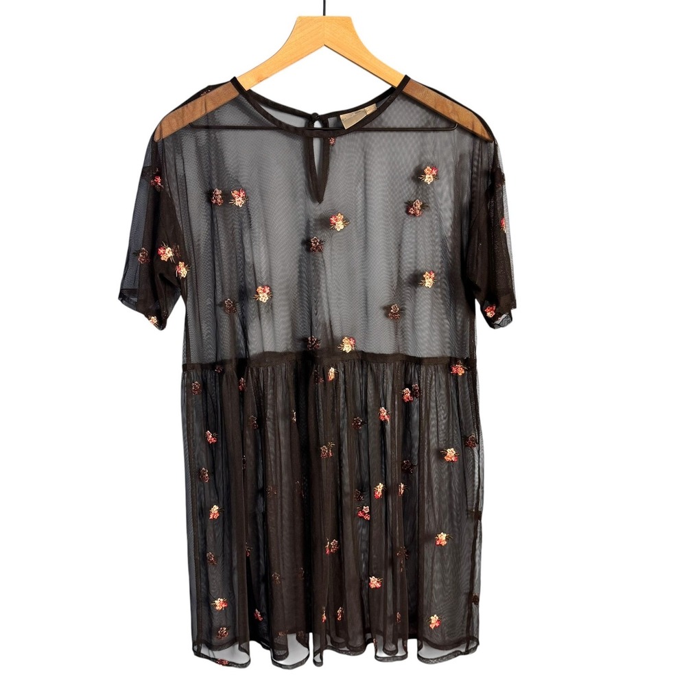 ASOS Whimsical Sheer Mesh Floral Embroidered Babydoll Top US 8 Coquette Grunge - Picture 2 of 7